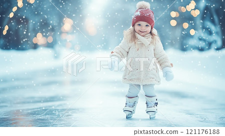 A girl in a white winter jacket and a red hat skates on a winter skating rink 121176188