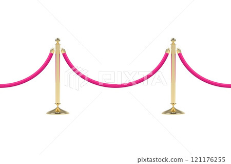 Barriers with pink rope, seamless line. Realistic golden stanchion poles 121176255