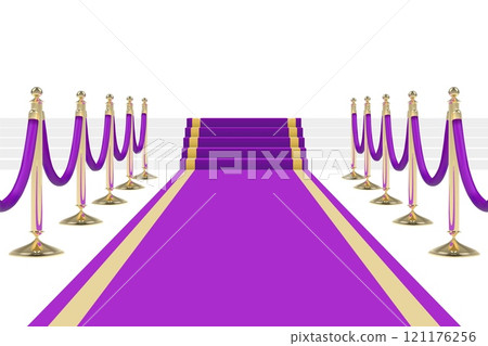 Purple carpet on stairs with red ropes on golden stanchions 121176256