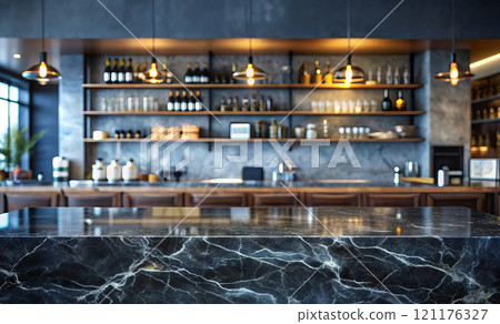 Black marble countertop on blurred bar background 121176327