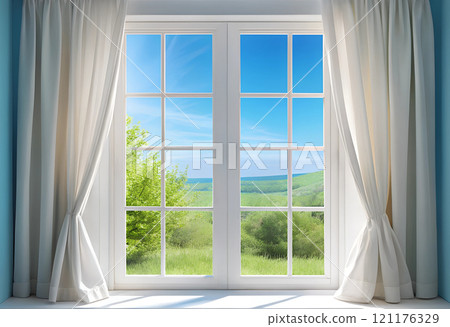 A window with white curtains showcasing a stunning field view A window with white curtains showcasing a stunning field view 121176329