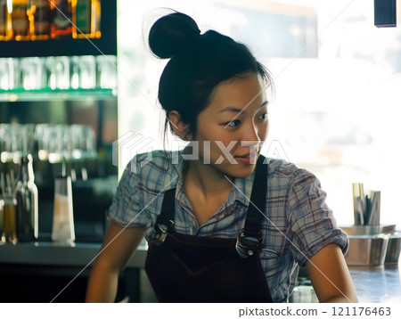 Smiling Bartender Service Barkeeper Woman Bar Worker Smiling Bartender Service Barkeeper Woman Bar Worker 121176463