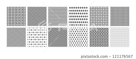 Simple abstract geometric line seamless patterns. Minimalist backgrounds with zigzag lines, linear hatch grids and diamond shapes. vector collection 121176567