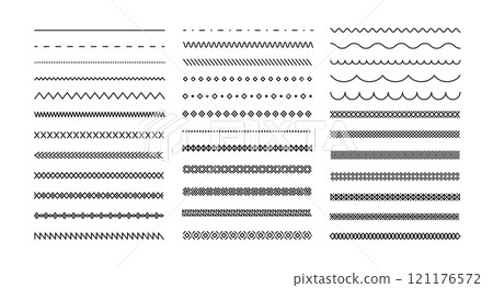 Simple geometric line borders. Minimal decorative dividers and border patterns with dashed, zigzag, wavy and diamond shapes for page decoration. Linear decor vector set Simple geometric line borders. Minimal decorative dividers and border patterns with dashed, zigzag, wavy and diamond shapes for page decoration. Linear decor vector set 121176572