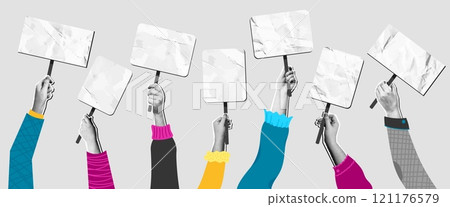 Hands holding blank signs collage. Mixed media halftone arms raising blank placards with crumpled paper effect. Community unity and social protest demonstration concept vector illustration 121176579