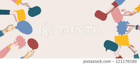 People offering ideas frame collage. Mixed media halftone hands holding colorful speech bubbles. Brainstorming, communication and collaboration concept vector banner illustration 121176580