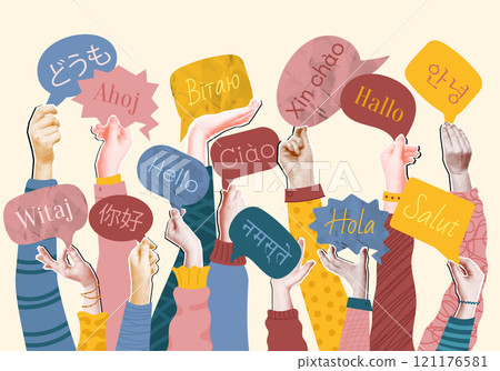 International languages collage. Language school, mixed media halftone crowd of raised hands holding speech bubbles with greetings in multiple languages. Global communication vector illustration 121176581