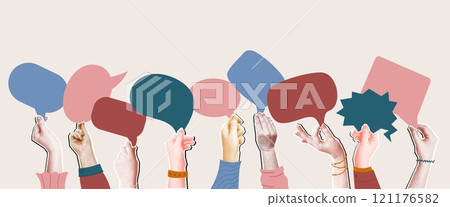 Community opinions collage. Raised hands holding speech bubbles, customers feedback and social discussion concept mixed media halftone vector illustration 121176582