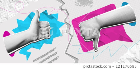 Pros and cons collage. Mixed media thumbs up and thumbs down hand gestures with speech bubbles. Review concept, positive and negative feedback vector illustration 121176583