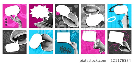 Speech bubble collage. Retro pop art quote frames, scrapbooking cut lips, hands, laptop and megaphone with comics dialogue box. Social media post templates with halftone effect vector set 121176584