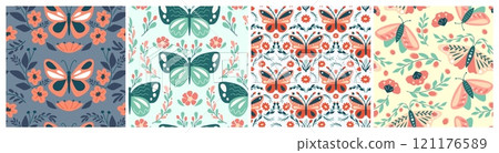 Flower and butterflies seamless patterns. Decorative moth and butterfly wings with floral ornaments of blooming flowers and leaves. Hand drawn botanical vector backgrounds set 121176589