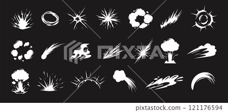 Cartoon energy explosion shapes. Dynamic blast waves with smoke clouds, fire flames, sparks and impact bursts. Energetic explosions visual effects silhouettes vector set 121176594