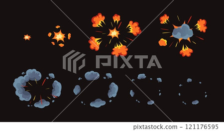 Cartoon radial bomb explosion animation. Dynamic fiery blast with expanding smoke poof clouds and glowing sparks. Explosive impact effect animated frames sequence vector set 121176595