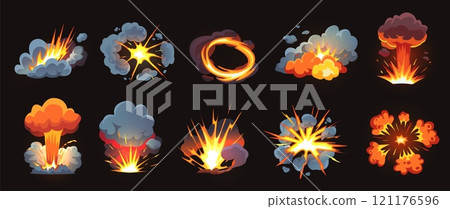 Cartoon explosion effects. Fire burst with dynamic smoke clouds, glowing sparks and fiery blasts. Explosive impact action visuals, bomb explosions isolated vector set 121176596