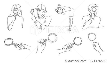 Linear looking through magnifying glass. Minimalist continuous one line people and detective hands using magnifiers in various poses for search, investigation and exploration vector illustrations set 121176599
