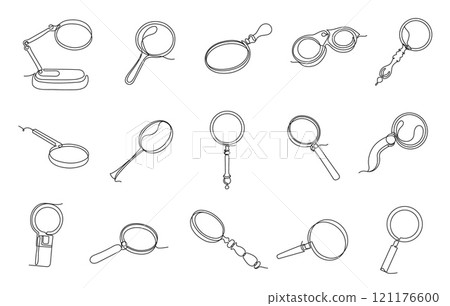 Continuous one line magnifying glasses. Minimalist linear magnifiers, antique magnifying lens search icon, hand drawn monocle and explorer glass vector set Continuous one line magnifying glasses. Minimalist linear magnifiers, antique magnifying lens search icon, hand drawn monocle and explorer glass vector set 121176600