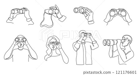 Looking through binocular. Observer hands and people holding binoculars in various poses, continuous one line exploration and adventure vector illustration set Looking through binocular. Observer hands and people holding binoculars in various poses, continuous one line exploration and adventure vector illustration set 121176601