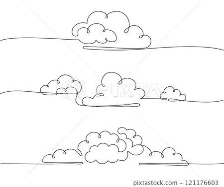 Continuous one line clouds. Minimalist linear fluffy cloud, simple nimbus and decorative sky themed overcast vector horizontal divider illustrations set Continuous one line clouds. Minimalist linear fluffy cloud, simple nimbus and decorative sky themed overcast vector horizontal divider illustrations set 121176603