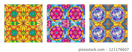 Stained glass window seamless pattern. Vibrant geometric and floral mosaic designs inspired by cathedral and church glass art. Decorative glass patterns vector background illustration set 121176607