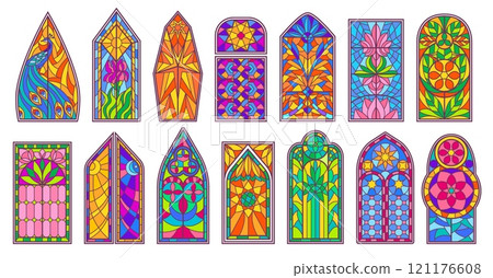 Stained glass windows. Colored art glass mosaics with ornamental floral patterns, medieval church window and decorative cathedral architecture geometric isolated vector illustrations set Stained glass windows. Colored art glass mosaics with ornamental floral patterns, medieval church window and decorative cathedral architecture geometric isolated vector illustrations set 121176608