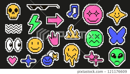 Pixel art emoji stickers. Retro pixelated 8 bit Y2K symbols, cool glasses, arrow, lightning bolt, flame and looking eyes. Skull, smile bomb, alien face and happy spark face. Vector icons set 121176609