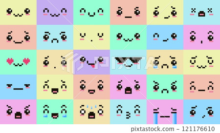 Pixel art kawaii faces. Cute pixelated facial expressions, uwu face, surprised eyes, sad crying and happy smiling pixels. Retro 8 bit gaming or anime emotions vector icons set 121176610