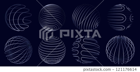 Sphere 3d wireframe lines. Abstract glowing digital globe designs with geometric curved line patterns, global networks spherical shapes and futuristic technology isolated vector set Sphere 3d wireframe lines. Abstract glowing digital globe designs with geometric curved line patterns, global networks spherical shapes and futuristic technology isolated vector set 121176614