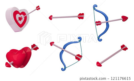 Cupid bow and arrow. 3D heart shaped target, love arrows and romantic bows, glossy hearts couple. Valentines Day archery realistic isolated vector set Cupid bow and arrow. 3D heart shaped target, love arrows and romantic bows, glossy hearts couple. Valentines Day archery realistic isolated vector set 121176615