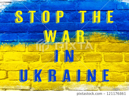 Blue and yellow sign that says Stop the War in Ukraine Blue and yellow sign that says Stop the War in Ukraine 121176861
