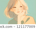 Woman resting her chin on her hand, watercolor illustration 121177009