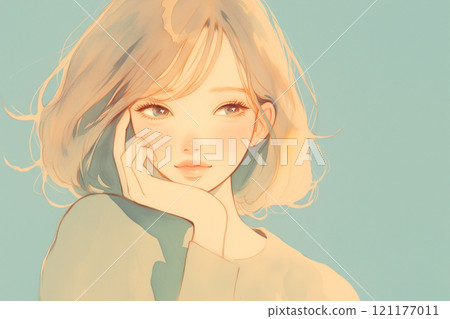 Woman resting her chin on her hand, watercolor illustration 121177011