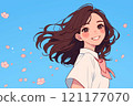 Female student with fluttering hair, sky, petals, cherry blossoms, spring 121177070