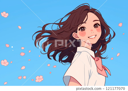 Female student with fluttering hair, sky, petals, cherry blossoms, spring 121177070