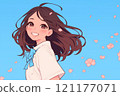Female student with fluttering hair, sky, petals, cherry blossoms, spring 121177071