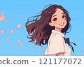 Female student with fluttering hair, sky, petals, cherry blossoms, spring 121177072