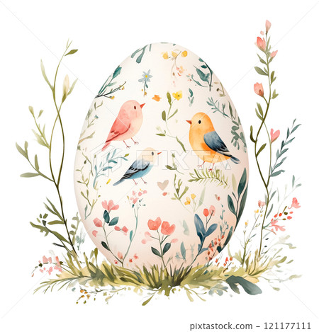 A delicate watercolor illustration of an Easter egg adorned with colorful birds and blooming flowers. This festive artwork features soft pastel tones and a transparent background. 121177111