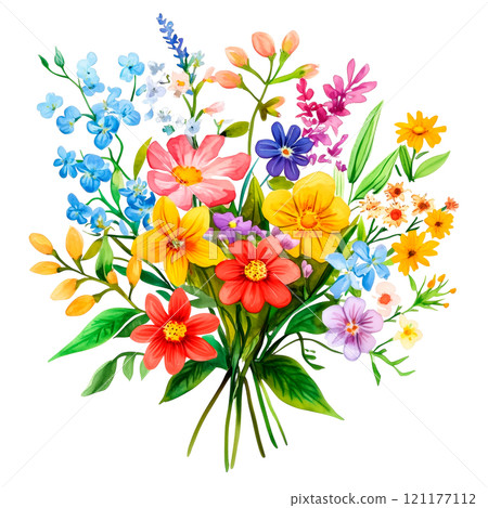 A colorful illustration of wildflowers featuring vibrant blue, pink, yellow, and orange petals with lush green leaves. Transparent background perfect for spring designs and creative projects. 121177112