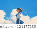 Girl, student, uniform looking up at blue sky 121177135