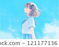 Girl looking up at the blue sky, student, uniform, watercolor style illustration 121177136