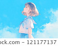 Girl looking up at the blue sky, student, uniform, watercolor style illustration 121177137