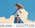Girl, student, uniform looking up at blue sky 121177138