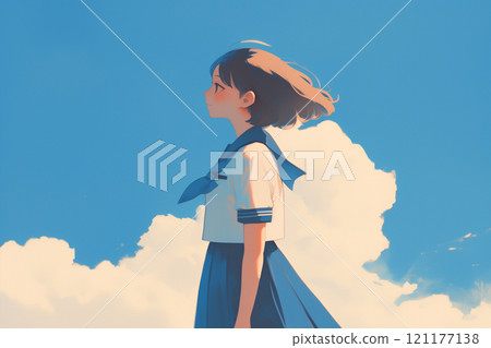 Girl, student, uniform looking up at blue sky Girl, student, uniform looking up at blue sky 121177138