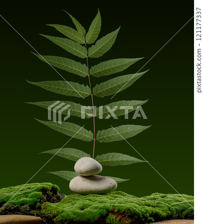 Balancing stones on a background of soft green moss and green leaf, background for cosmetics, wellness brands or natural products Balancing stones on a background of soft green moss and green leaf, background for cosmetics, wellness brands or natural products 121177337