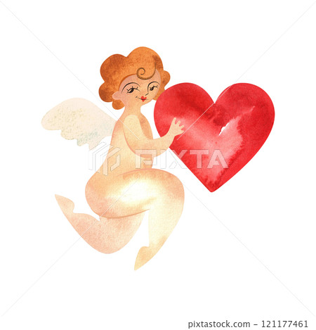 Cupid or Amor, the Greek god of love, holds a scarlet heart. Invitation to a date. Golden-haired baby with wings. Character. Isolated watercolor illustration for Valentine. Clipart. Cupid or Amor, the Greek god of love, holds a scarlet heart. Invitation to a date. Golden-haired baby with wings. Character. Isolated watercolor illustration for Valentine. Clipart. 121177461