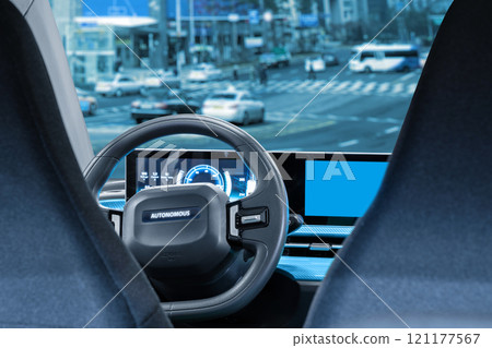 Self driving car on a road. Autonomous vehicle. Inside view 121177567