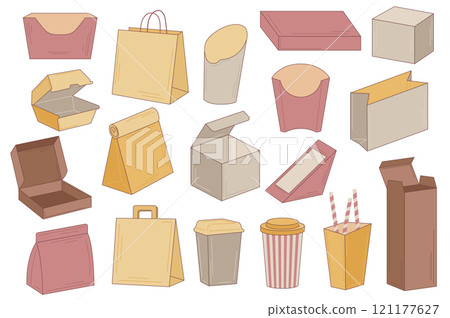 Eco packaging set elements in flat graphic design. Collection of brown cardboard and paper delivery boxes, bags, cups, straws, food containers and packs, take away packets, other. Vector illustration. Eco packaging set elements in flat graphic design. Collection of brown cardboard and paper delivery boxes, bags, cups, straws, food containers and packs, take away packets, other. Vector illustration. 121177627