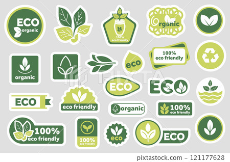 Eco friendly stickers set elements in flat graphic design. Collection of green ecologic labels for food packaging with bio, organic, natural words, recycle and leaf sign, other. Vector illustration. 121177628