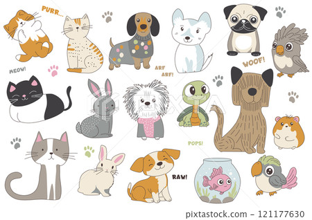 Cute cartoon domestic animals set elements in flat graphic design. Collection of funny playful cats and kittens, dog and puppies, parrots, rabbits, turtle, hamster, fish aquarium. Vector illustration. Cute cartoon domestic animals set elements in flat graphic design. Collection of funny playful cats and kittens, dog and puppies, parrots, rabbits, turtle, hamster, fish aquarium. Vector illustration. 121177630