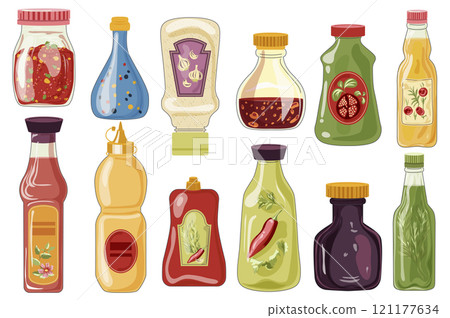 Bottles of sauces set elements in flat graphic design. Collection of different spicy hot dressings with tomato, garlic, basil, pepper, soy, containers of mustard, mayo, ketchup. Vector illustration. 121177634