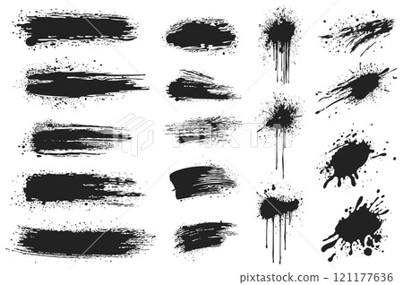 Black ink splatters set elements in flat graphic design. Collection of brush strokes and ink spots with messy grainy texture, grimy paintbrush stains and blobs with rough edges. Vector illustration. 121177636